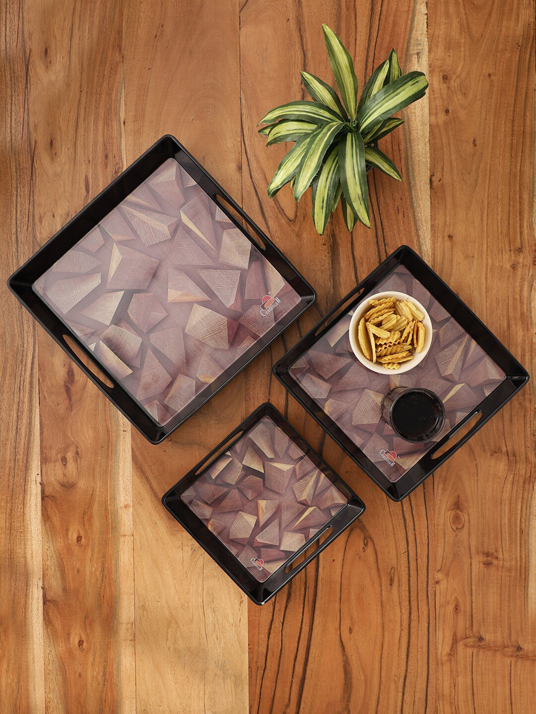 CDI 3-Pieces Black Stone Melamine Printed Cubic Serving Trays
