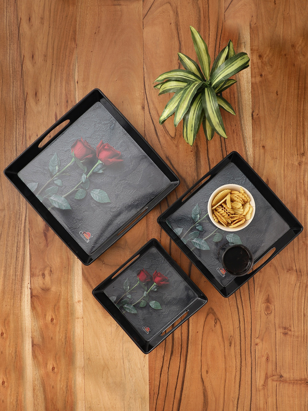 CDI 3-Pieces Black & Floral Melamine Printed Tray