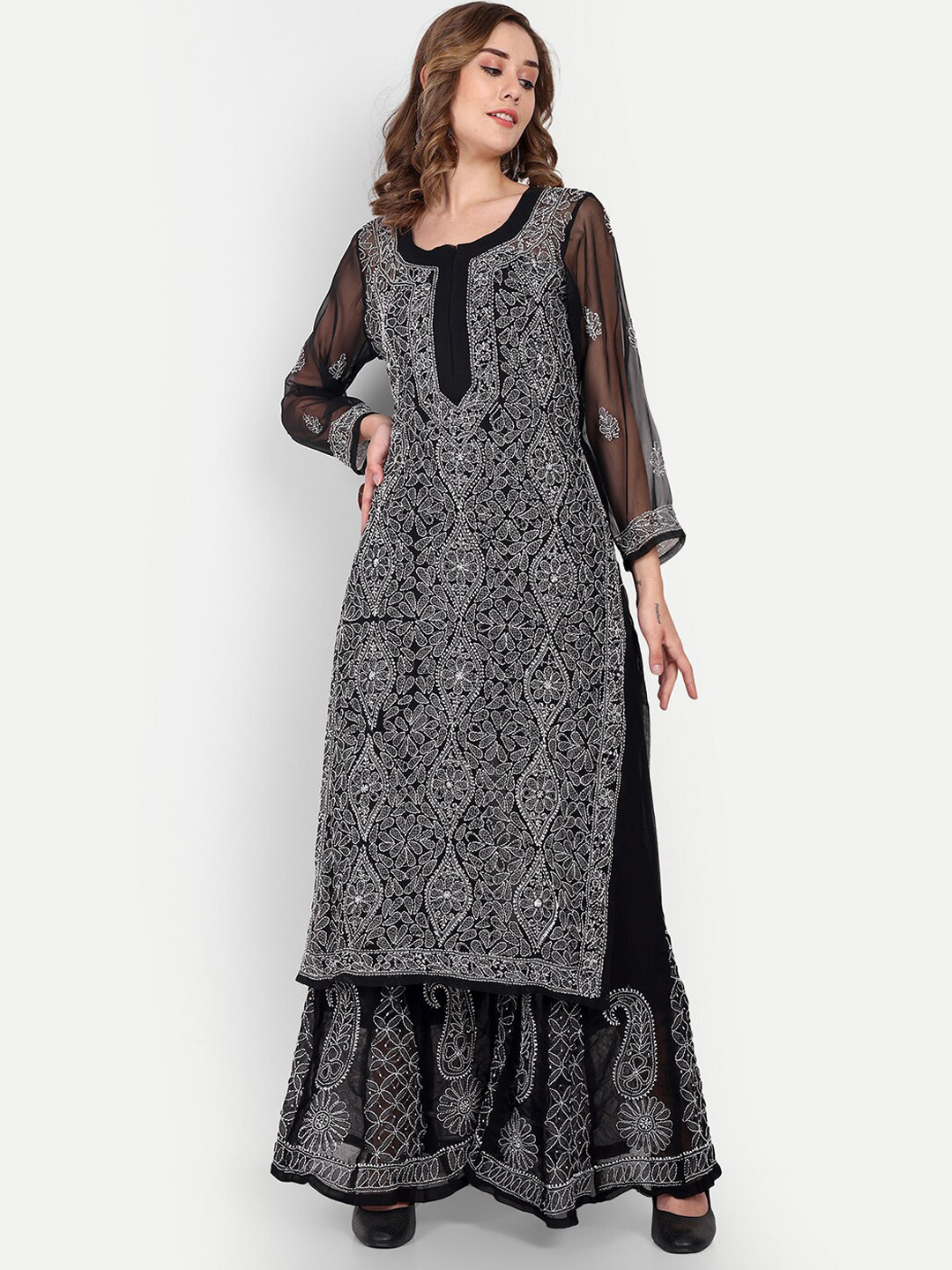 Indiankala4u Floral Embroidered Regular Chikankari Kurta with Palazzos