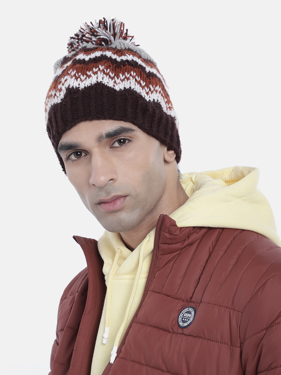 Magic Needles Men Printed Beanie With Pompom