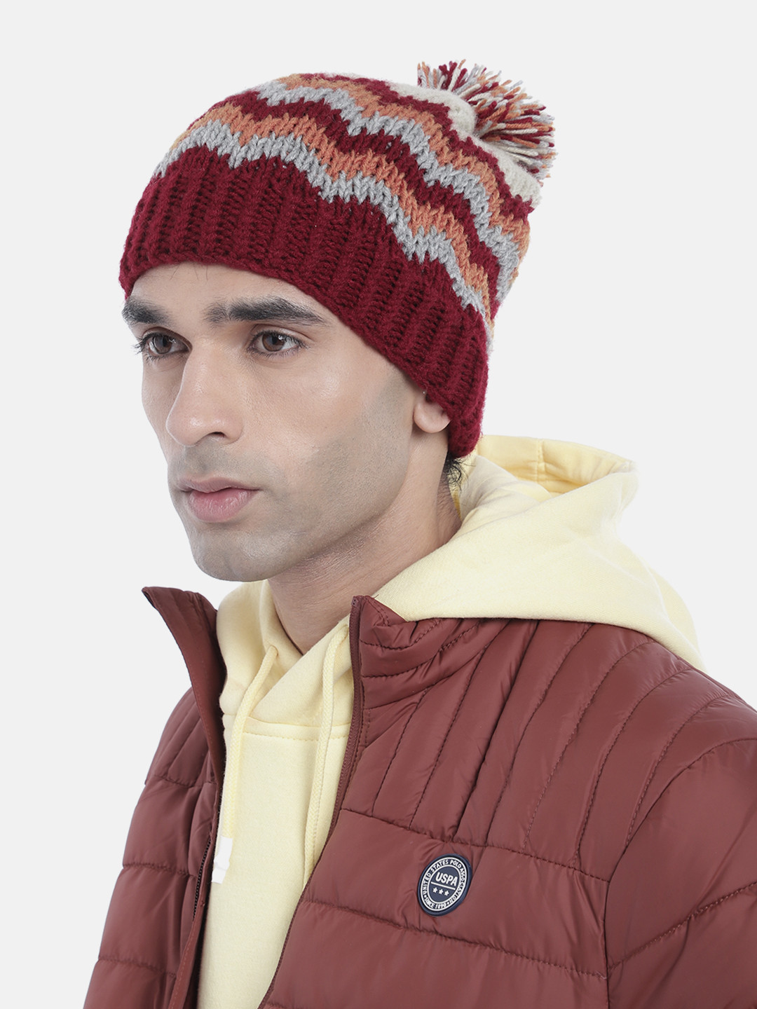 Magic Needles Men Printed Beanie With Pompom