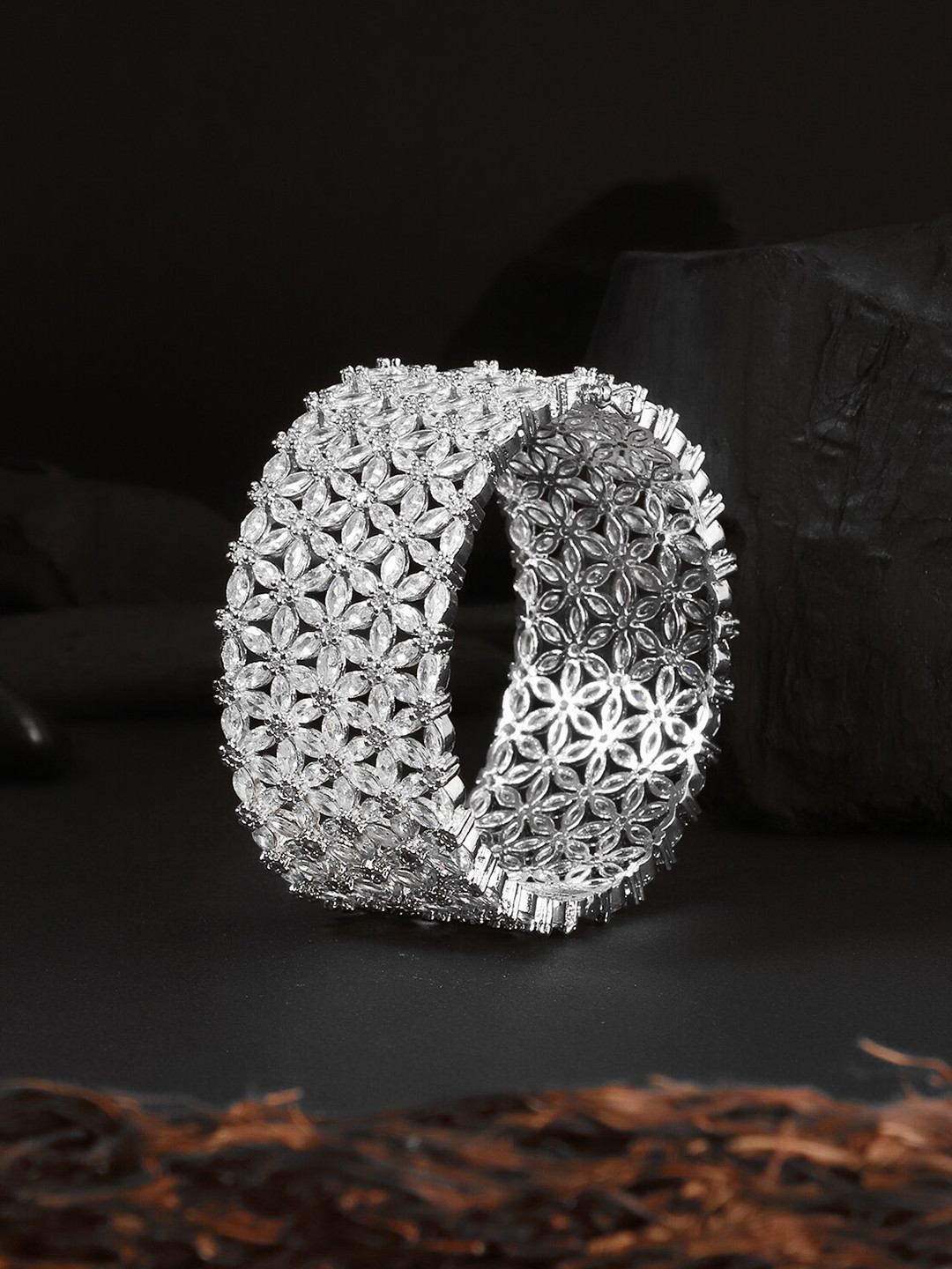 Adwitiya Collection Rhodium-Plated American Diamond Studded Bangle-Style Bracelet