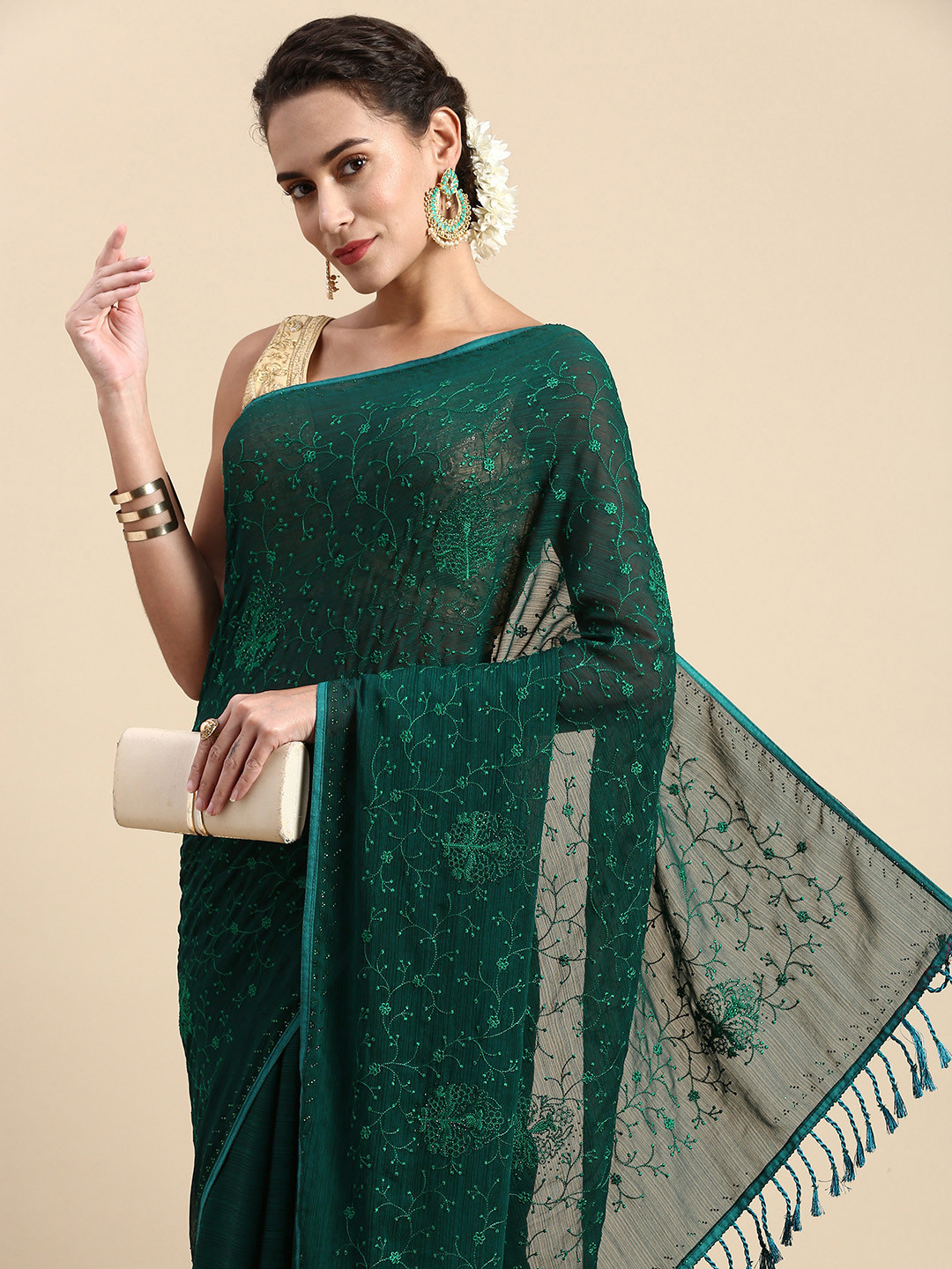 Indian Women Floral Beads and Stones Silk Blend Saree