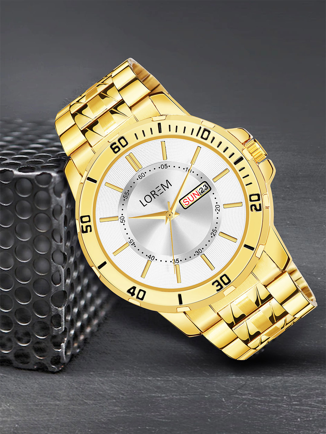 LOREM Men Brass Dial & Stainless Steel Bracelet Style Straps Analogue Watch LR133