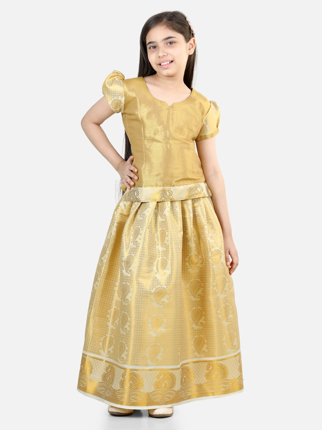 BownBee Girls Woven Design Puff Sleeves Ready to Wear Lehenga & Choli