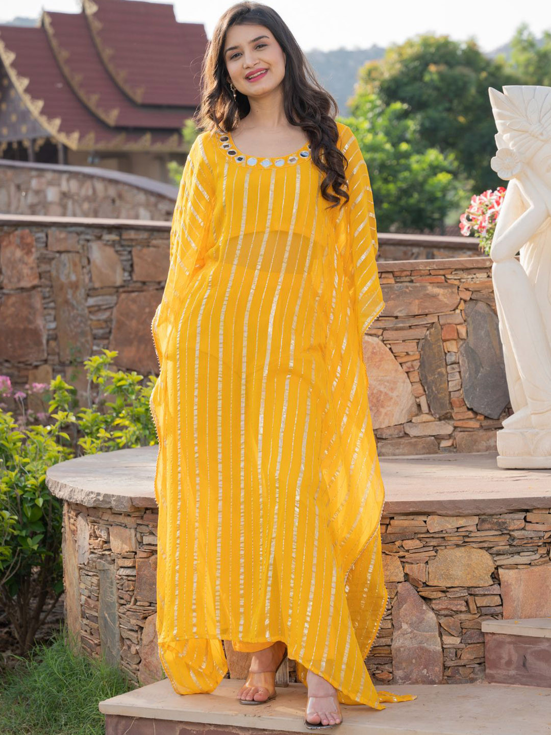 HOUSE OF JAMOTI Striped Mirror Work Pure Cotton Kaftan Kurta with Trousers