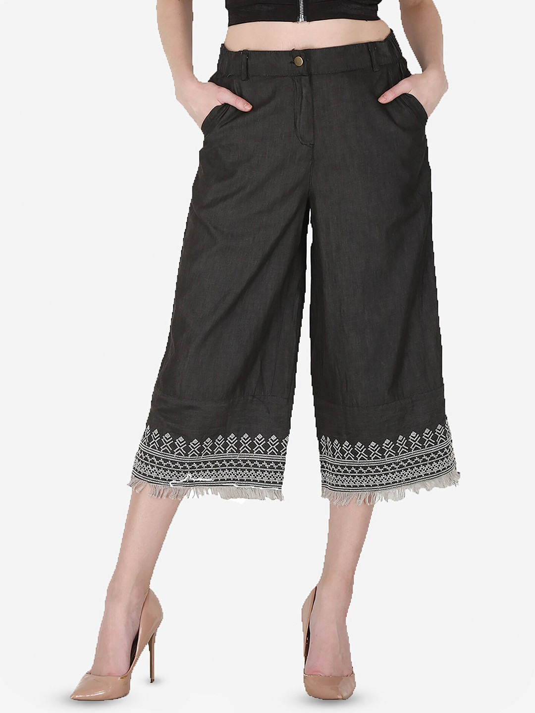 SUMAVI-FASHION Women Mid-Rise Embroidered Hem Cotton Capris