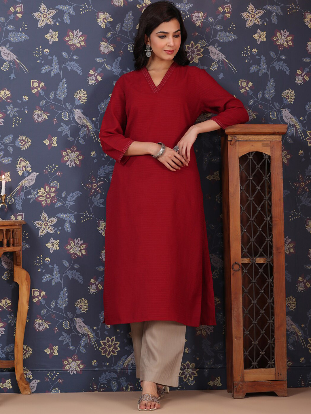 House of Pataudi V-Neck Striped A-Line Kurta With Palazzo