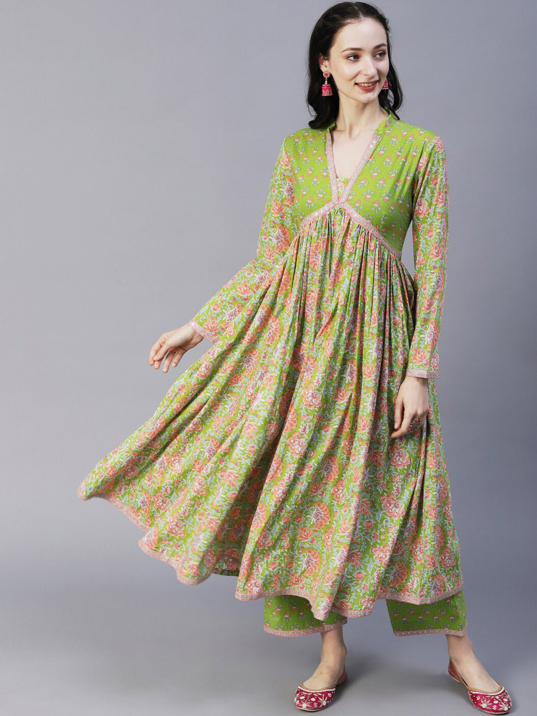FASHOR Alia Cut Green & Orange Floral Printed Anarkali Sequined Pure Cotton Kurta with Palazzos