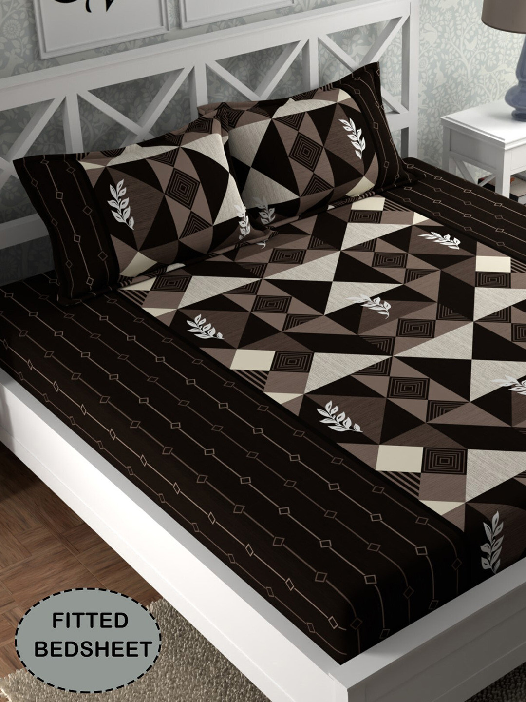 CG HOMES Brown Geometric Polycotton 210 TC Fitted Queen Fine Bedsheet with 2 Pillow Covers-178 x 198 x 25 cm