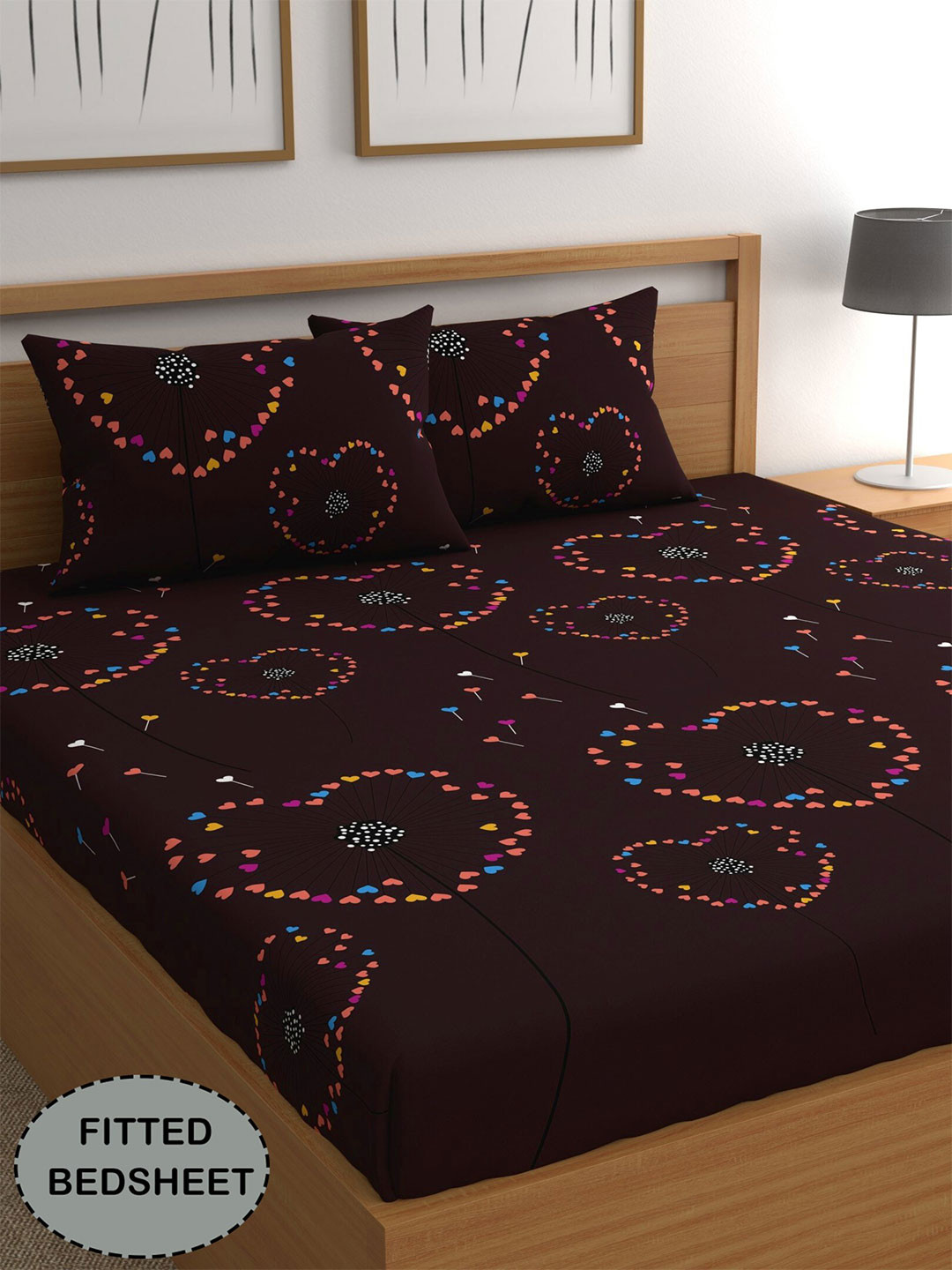 CG HOMES Brown Conversational Polycotton 210 TC Fitted Queen Fine Bedsheet with 2 Pillow Covers-178 x 198 cm