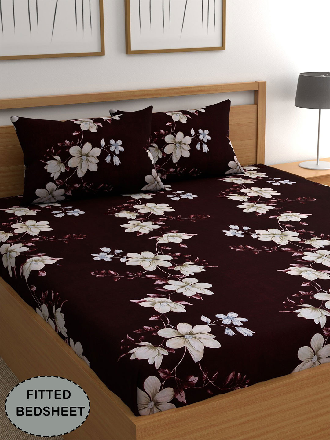 CG HOMES Brown & White Floral 210 TC Fitted Queen Bedsheet With 2 Pillow Covers