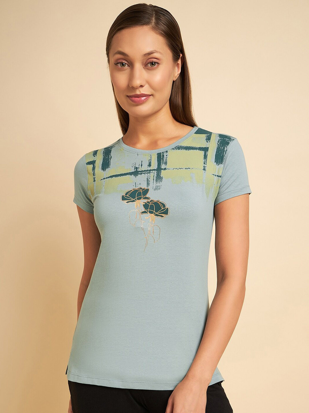Sweet Dreams Sea Green Printed Round Neck Lounge T-shirt