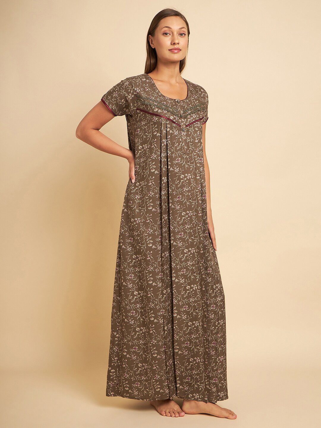 Sweet Dreams Khaki Floral Printed Maxi Nightdress