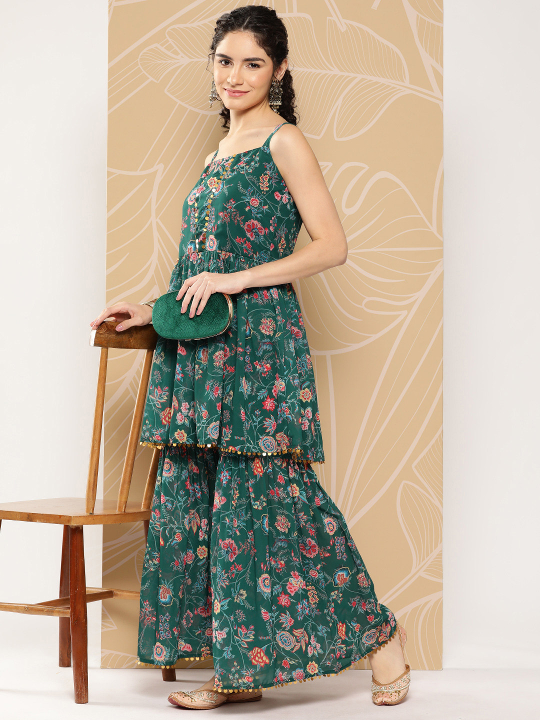 Ahalyaa Women Floral Printed Pleated Sequinned Kurti & Sharara Set