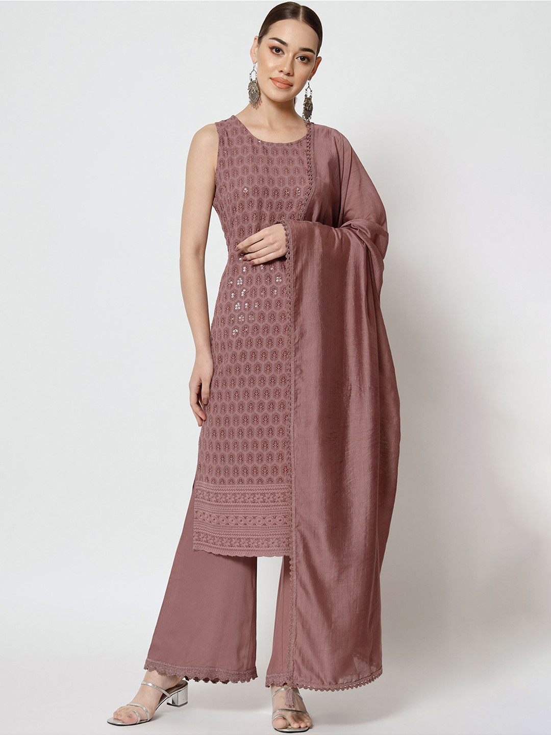 Shopping Queen Floral Chikankari Embroidered Kurta With Palazzos & Dupatta