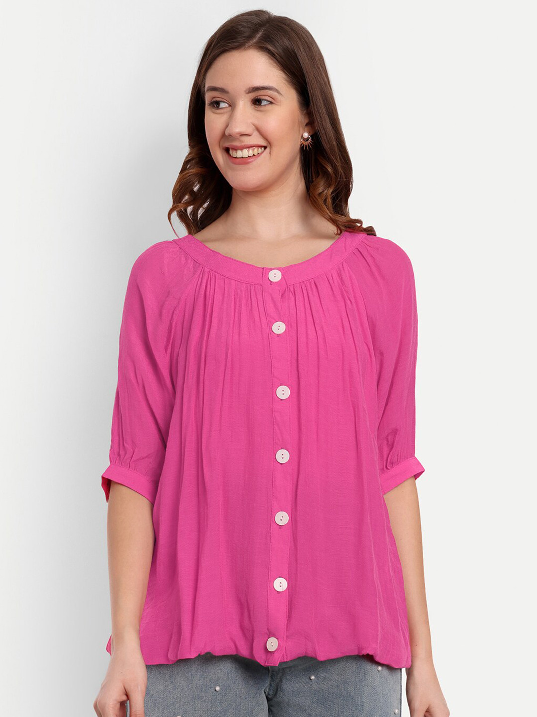 iki chic Pink Round Neck Puff Sleeves Gathered Top