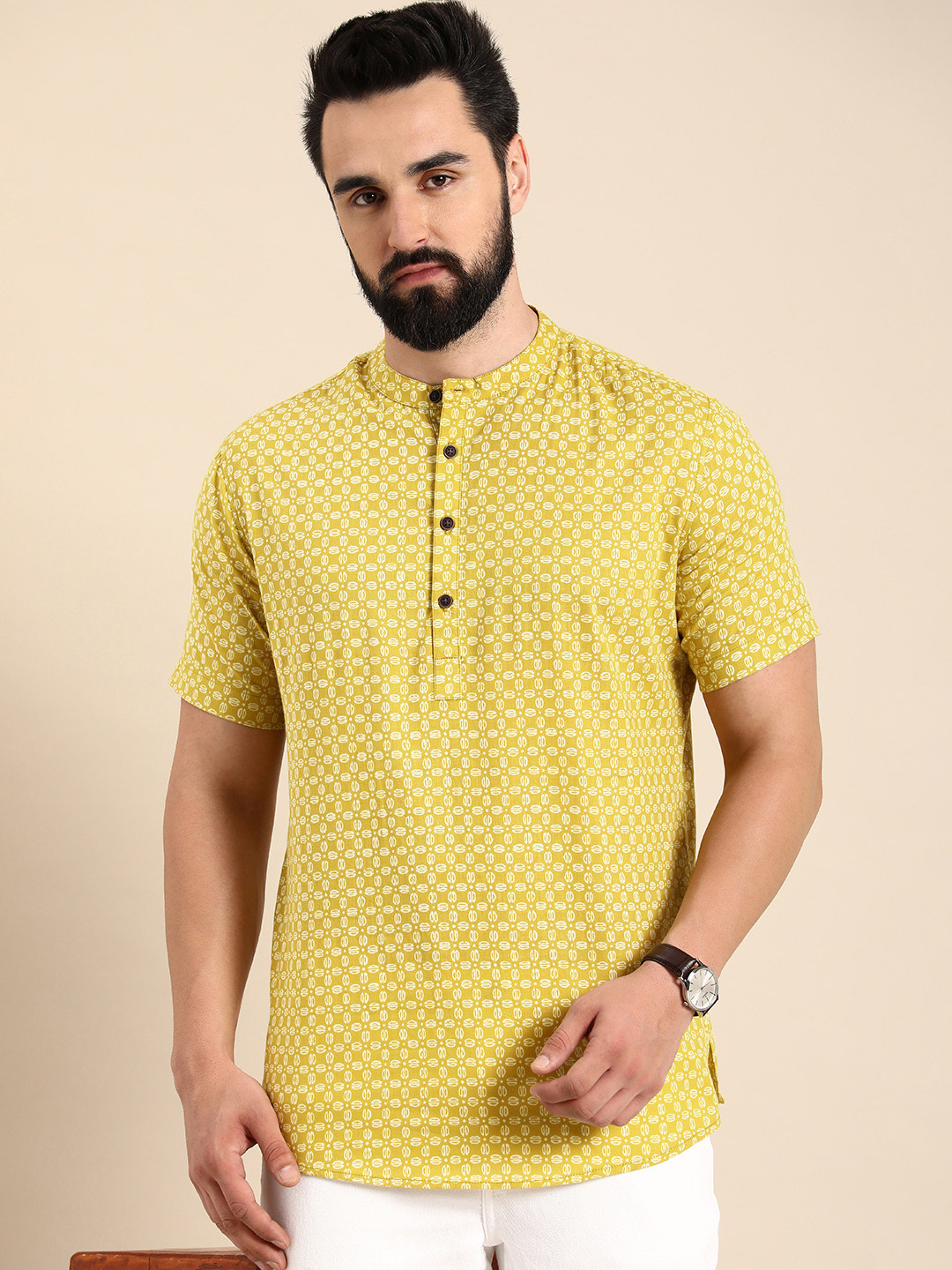 Anouk Men Geomentric Printed Pure Cotton Mandarin Collar Straight Short Kurta