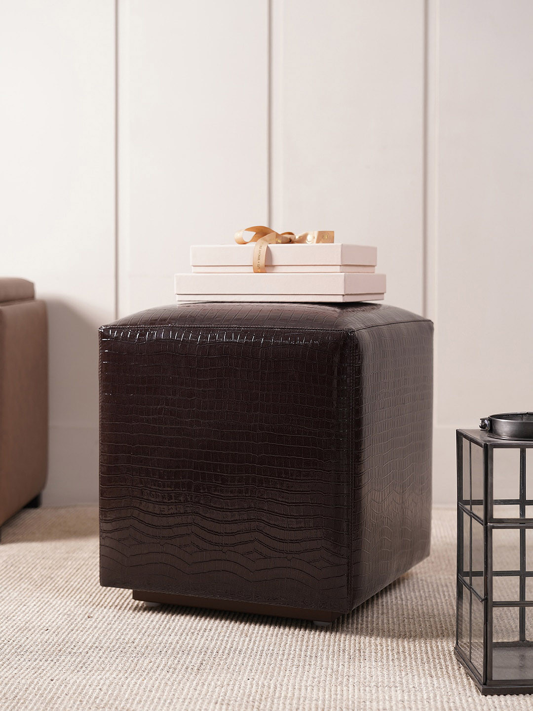 Pure Home and Living Brown Square Faux Leather Pouffe with Storage