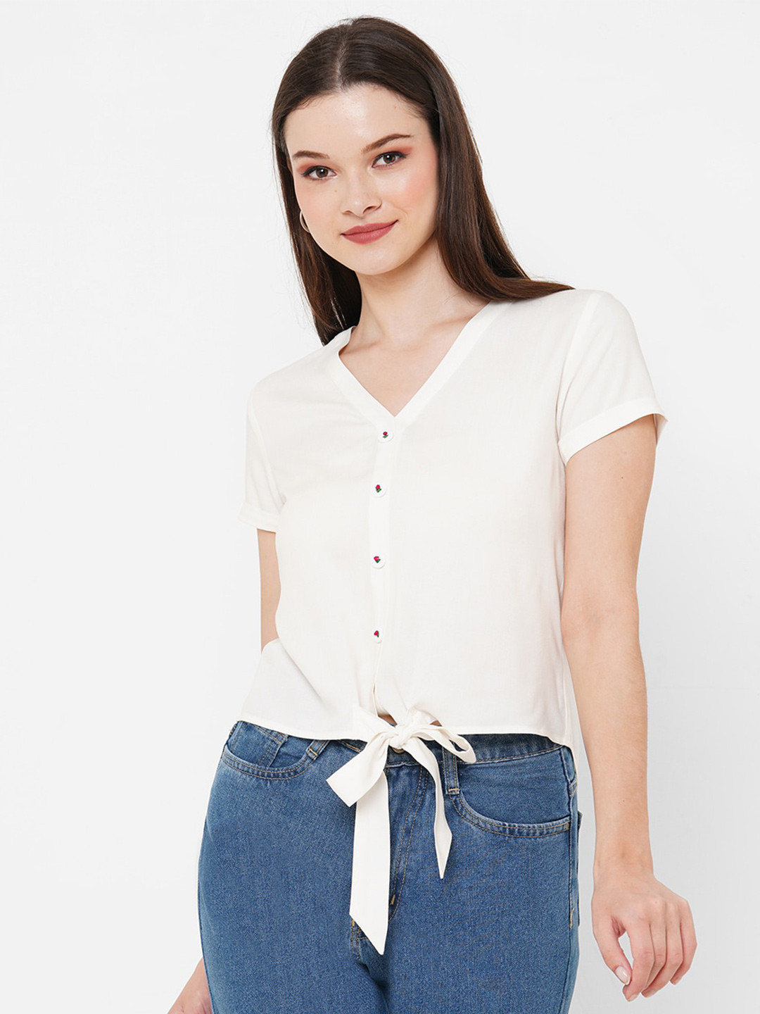 MISH White Short Sleeves V-Neck Waist Tie-Up Top
