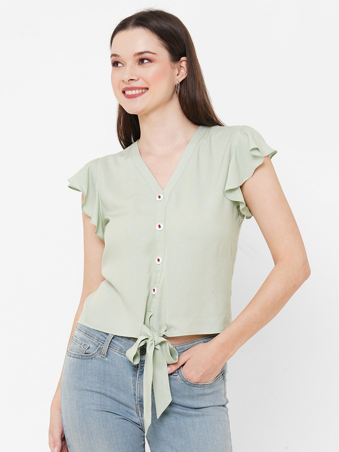 MISH Sea Green V-Neck Flutter Sleeve Shirt Style Top
