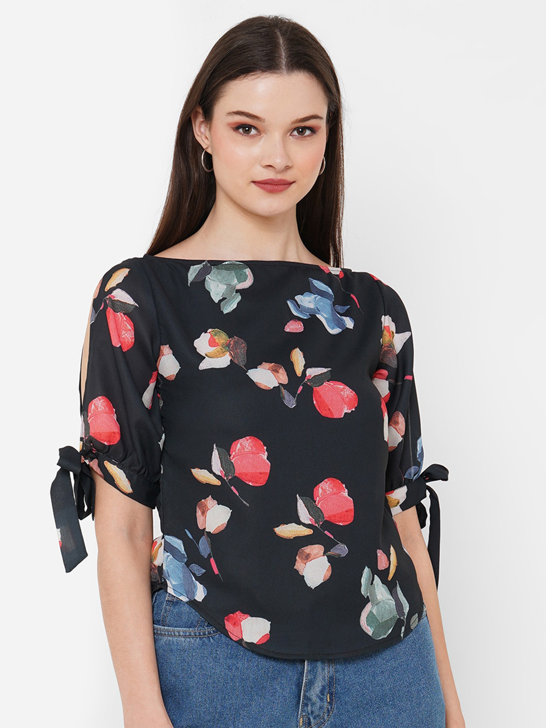 MISH Black Floral Printed Slit Tie-up Sleeves Top