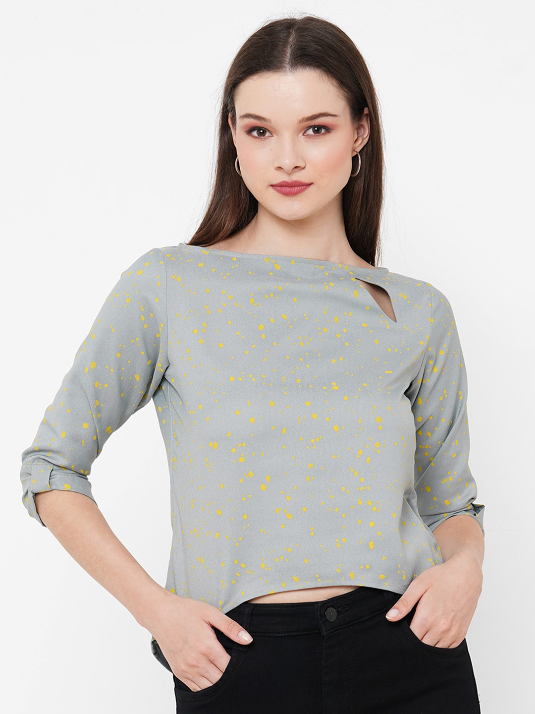 MISH Conversational Printed Cut Out Crepe Crop Top