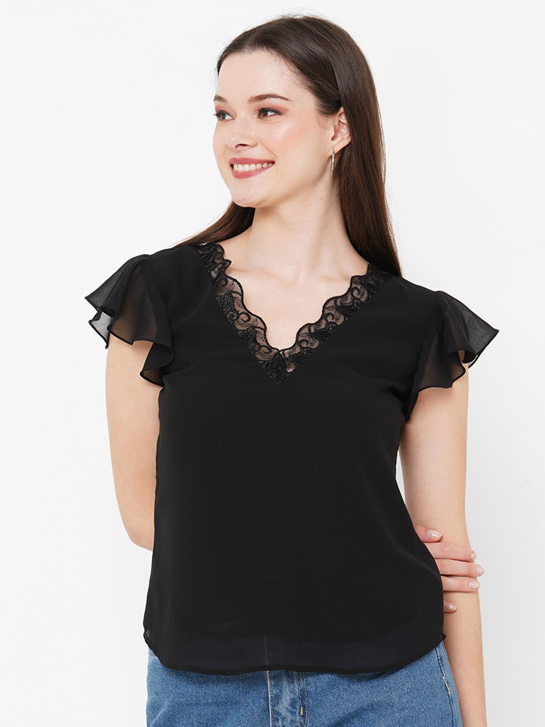 MISH Black V-Neck Flutter Sleeves Lace Inserts Georgette Top