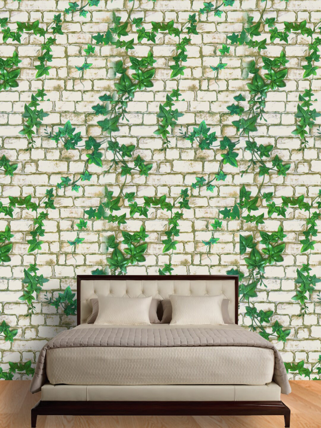Jaamso Royals White & Green Bricks & Leaves Self Adhesive Removable Wallpaper