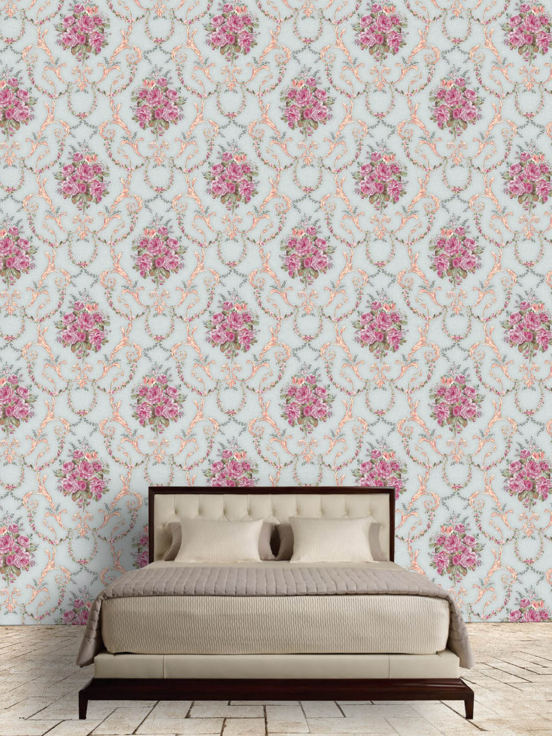 Jaamso Royals Blue & Pink Vintage Damask Self Adhesive Removable Wallpaper