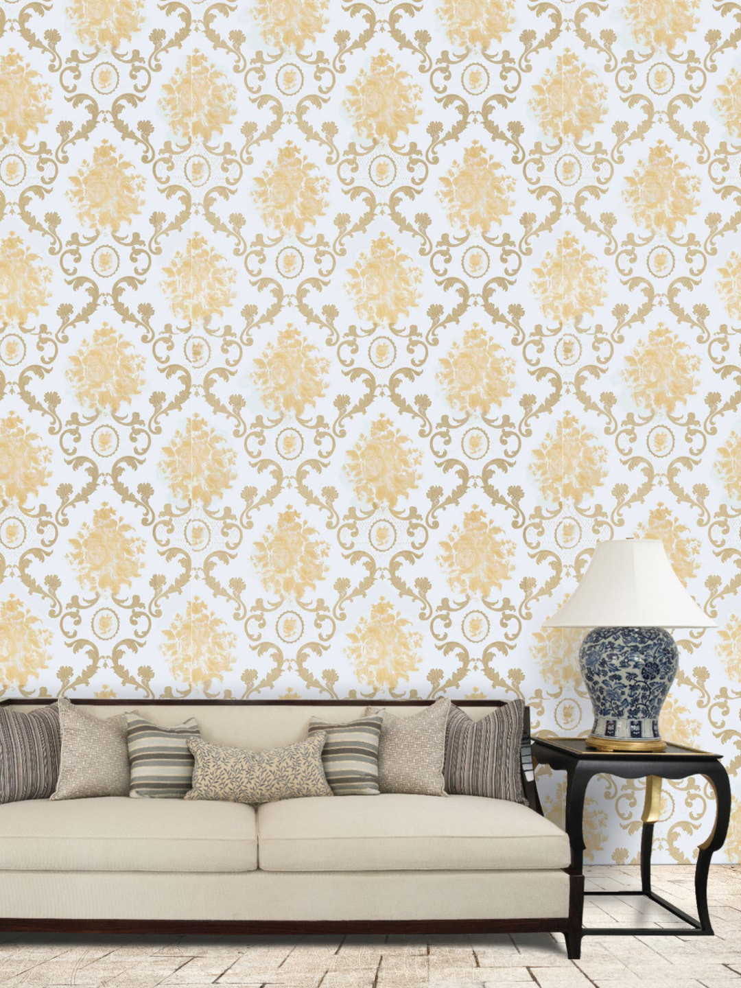 Jaamso Royals Gold-Toned & White Damask Self Adhesive Removable Wallpaper