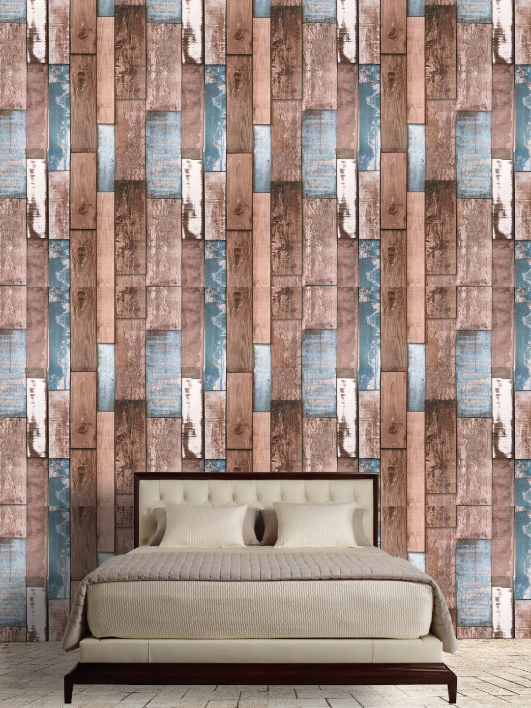 Jaamso Royals Brown & Blue Wooden Self Adhesive Removable Wallpaper