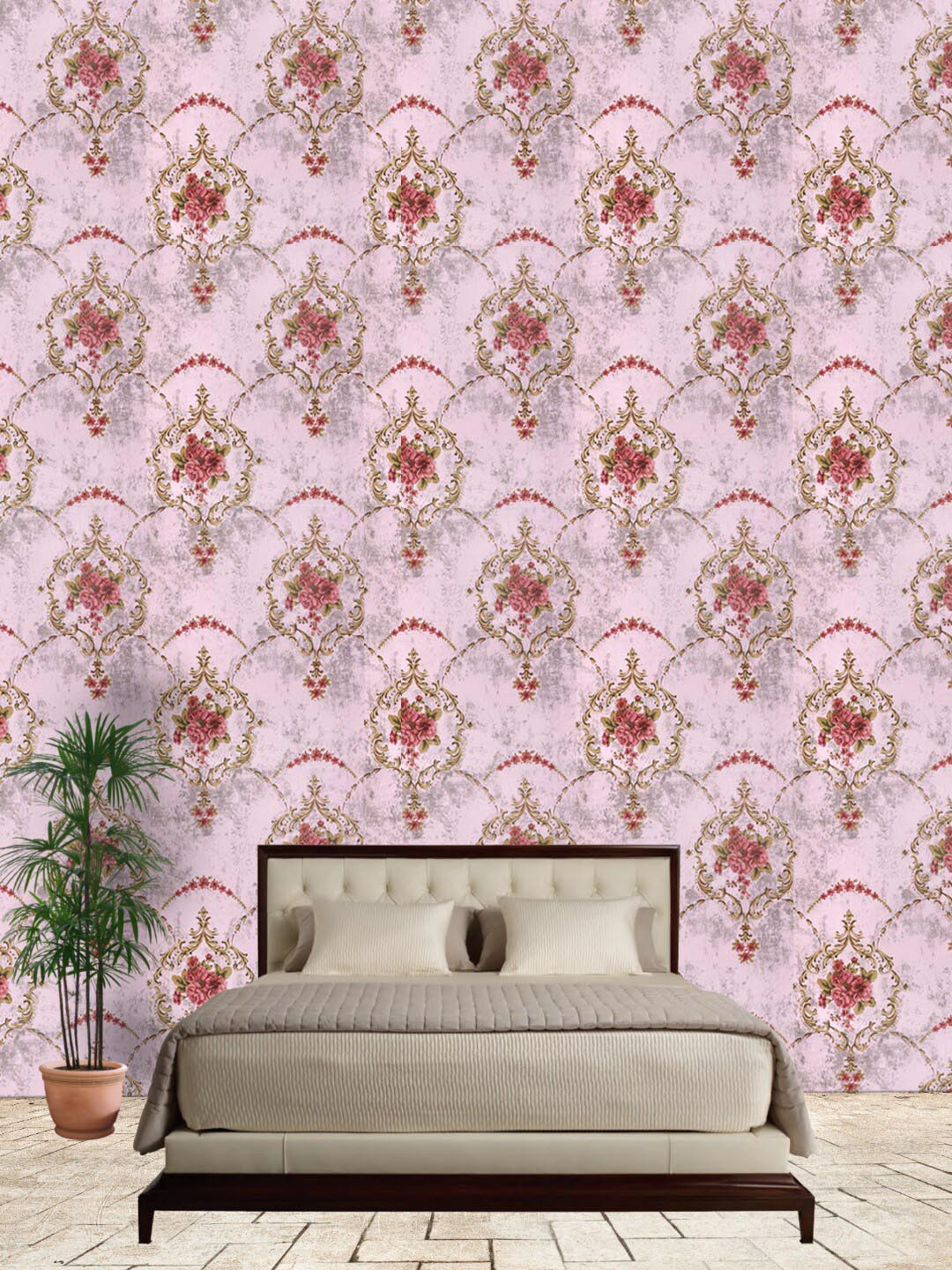 Jaamso Royals Pink & Brown Damask Self Adhesive Removable Wallpaper -500 CM X 45 CM
