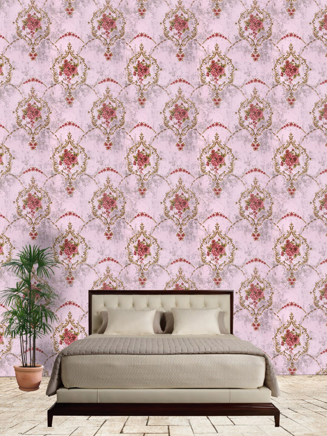 Jaamso Royals Pink & Brown Damask Floral Self Adhesive Removable Wallpaper