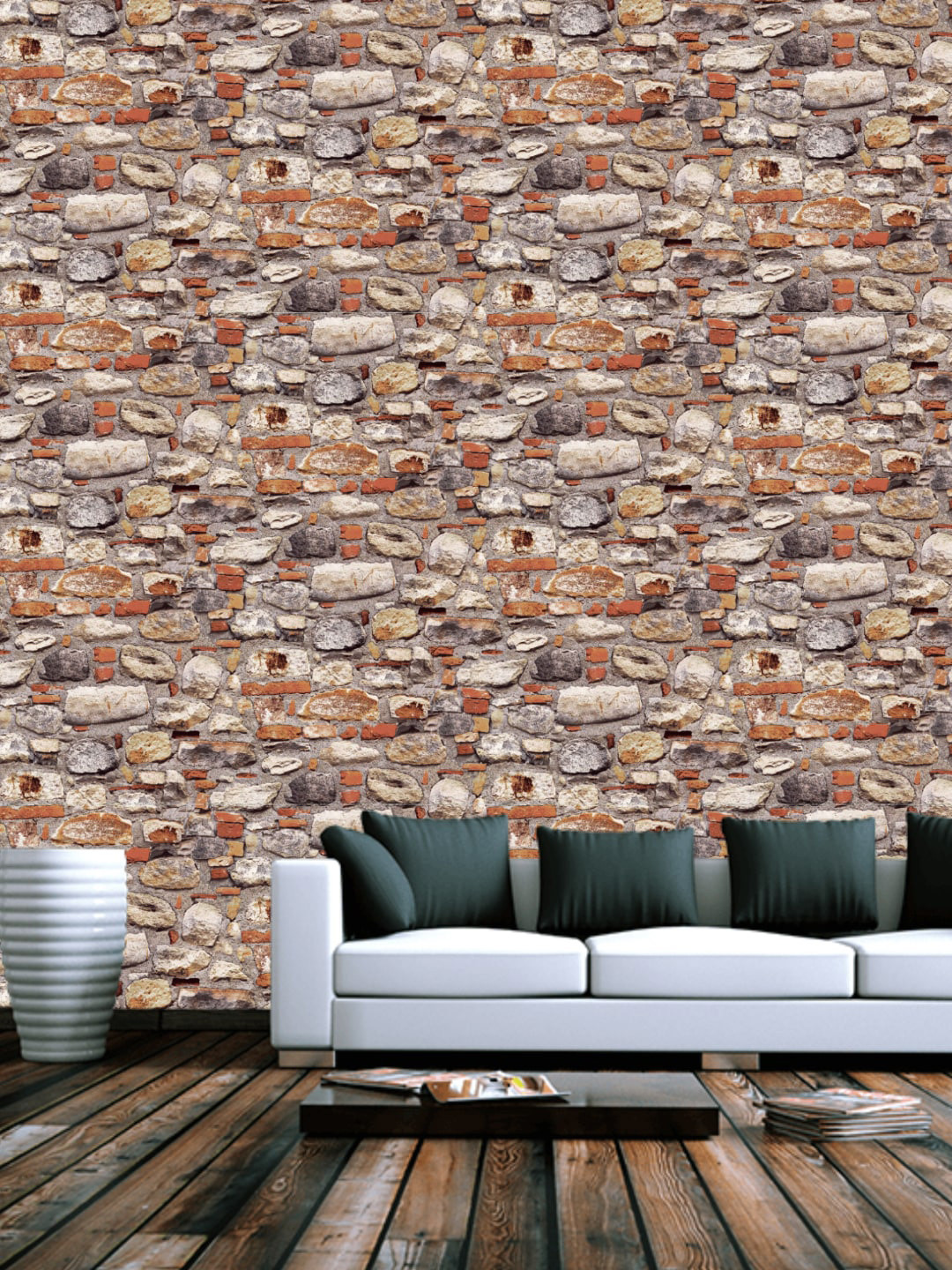 Jaamso Royals Red and Brown Brick Stone Self Adhesive Removable Wallpaper