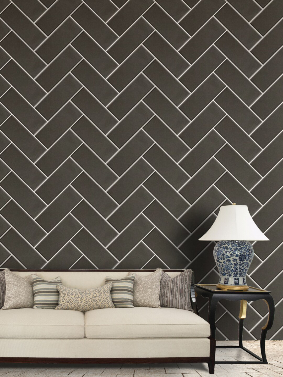 Jaamso Royals Charcoal Grey Brick Design Geometric Self Adhesive Removable Wallpaper