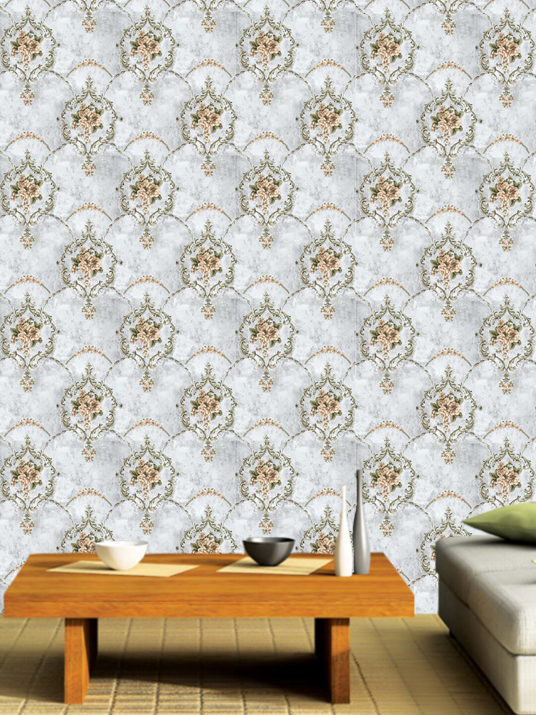 Jaamso Royals Light Green & Peach Ethnic Motifs Self Adhesive Removable Wallpaper