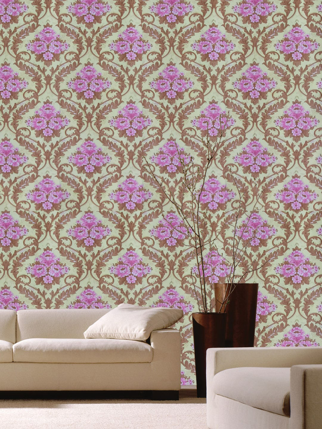 Jaamso Royals Pink & Green Damask Self Adhesive Removable Wallpaper