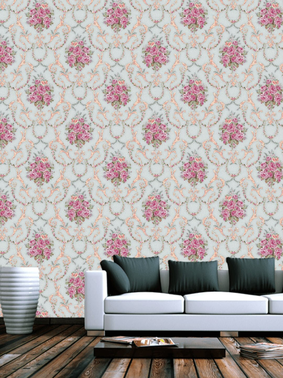 Jaamso Royals Blue & Pink Floral Vintage Damask  Self Adhesive Removable Wallpaper