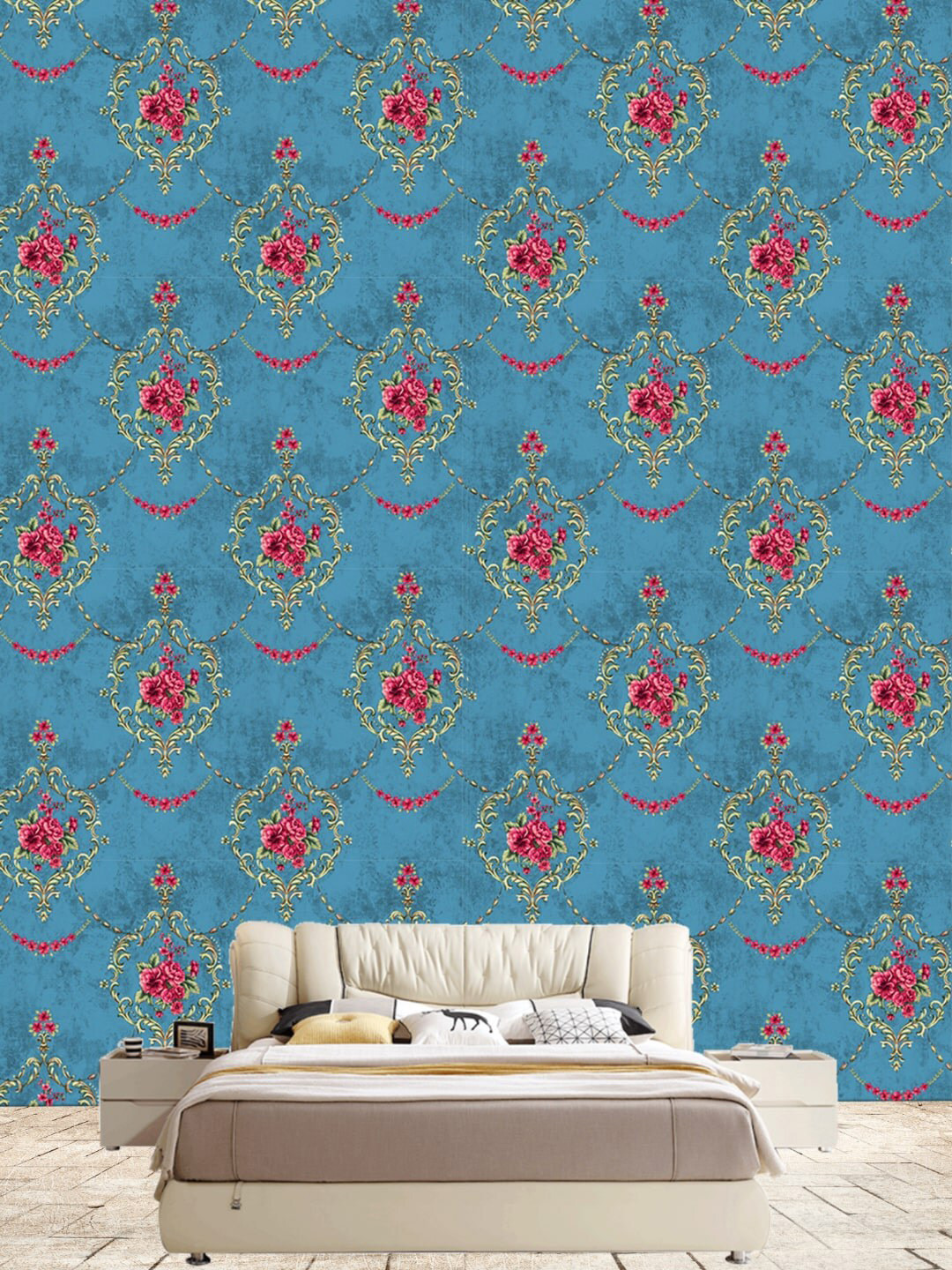 Jaamso Royals Blue & Red Floral Self Adhesive Removable Wallpaper