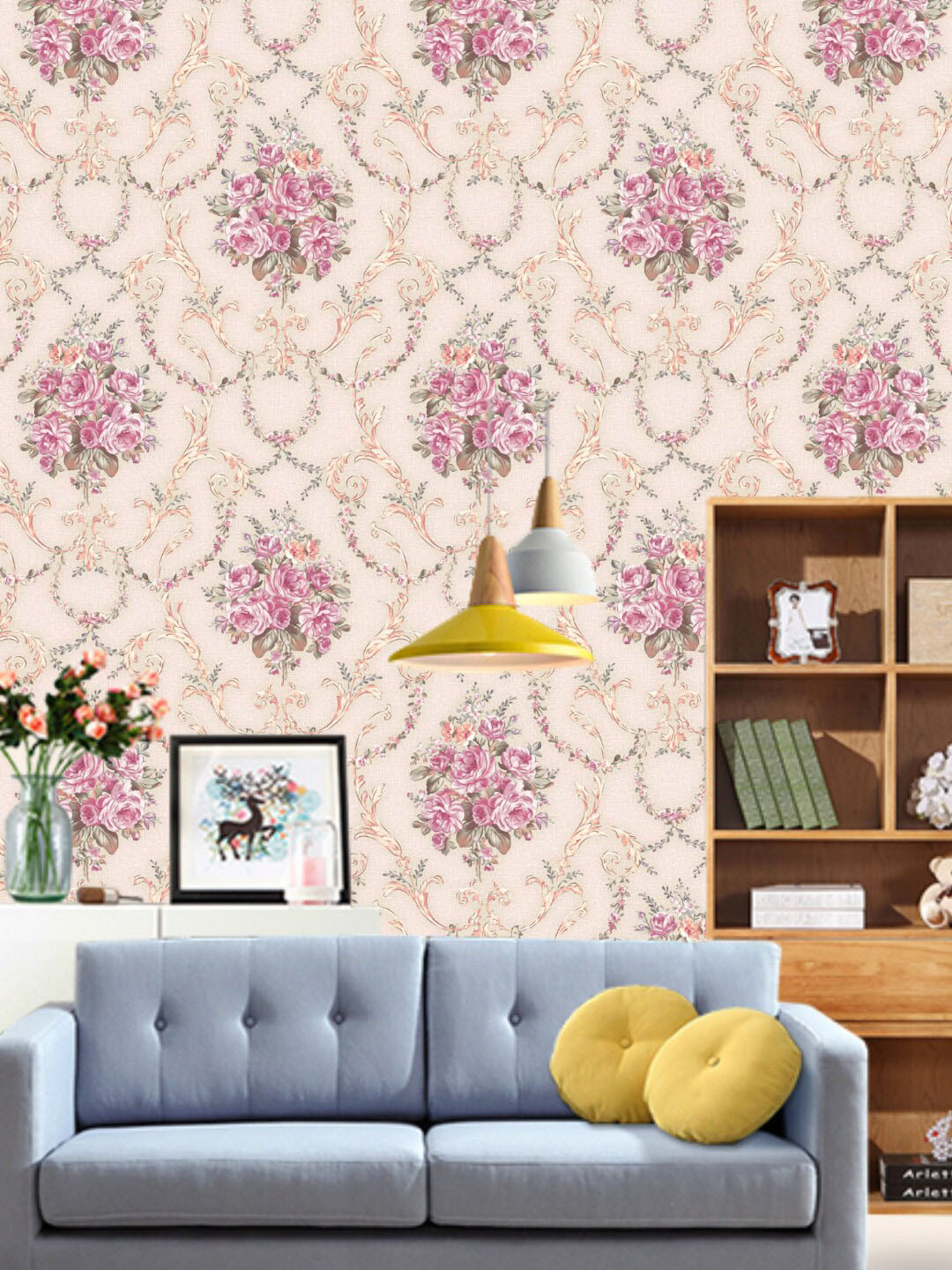 Jaamso Royals Peach & Pink Floral Damask Self Adhesive Removable Wallpaper