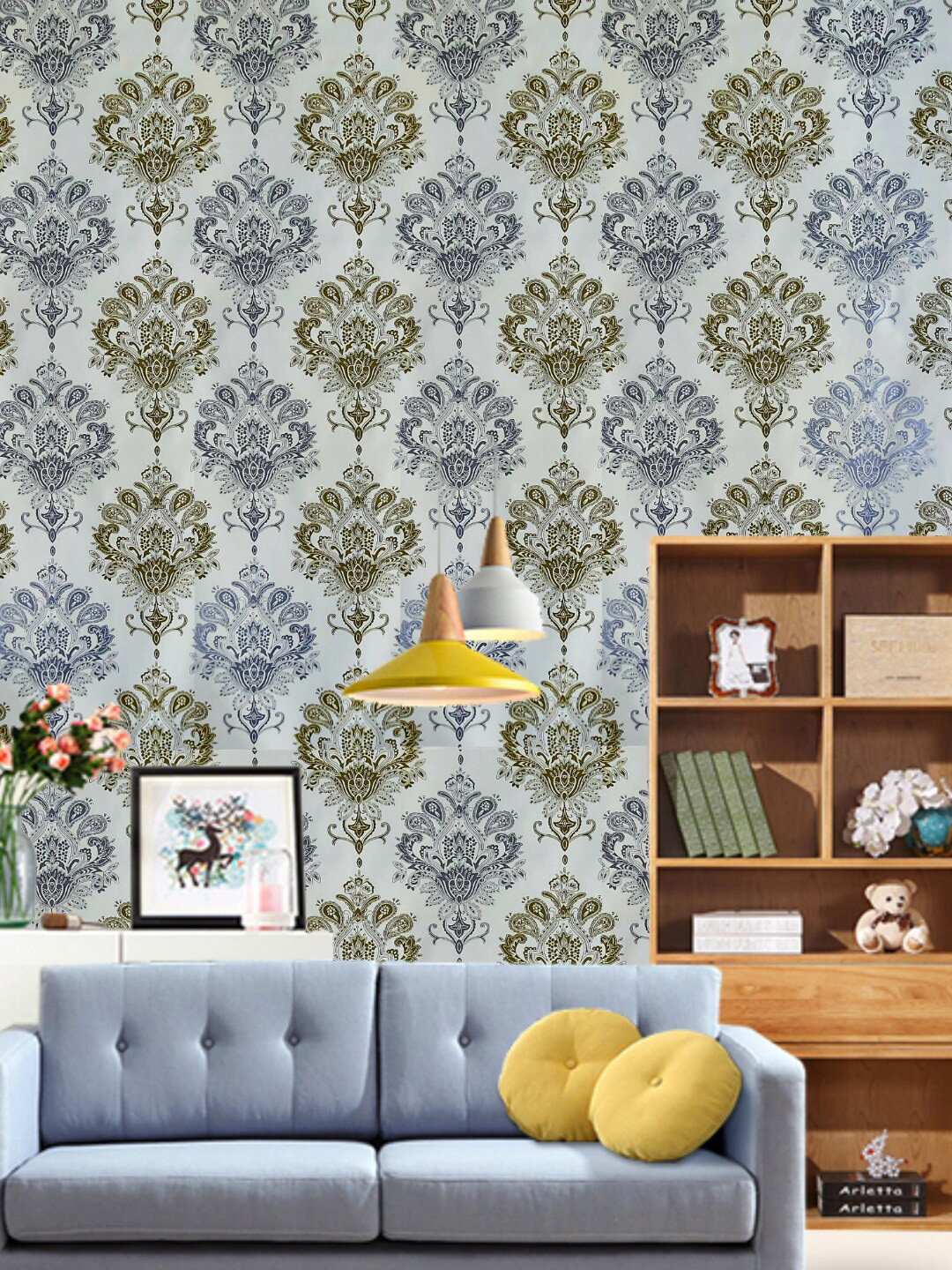 Jaamso Royals Blue & Green Ethnic Motifs Damsak Self Adhesive Removable Wallpaper