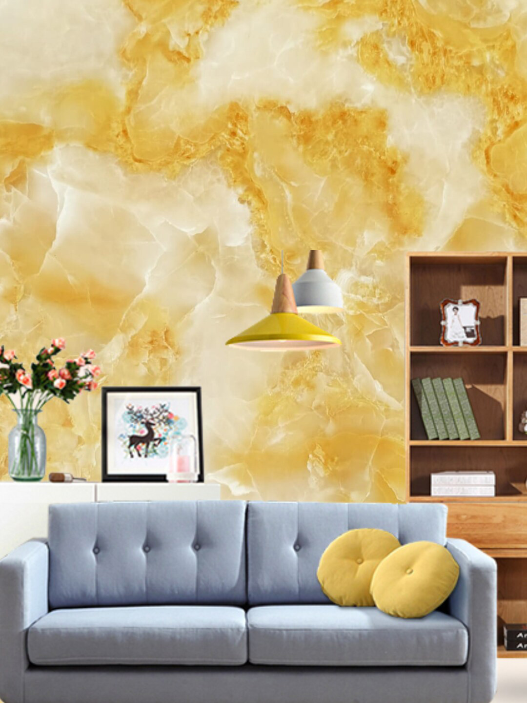 Jaamso Royals Cream Coloured & Yellow Marble Self Adhesive Removable Wallpaper