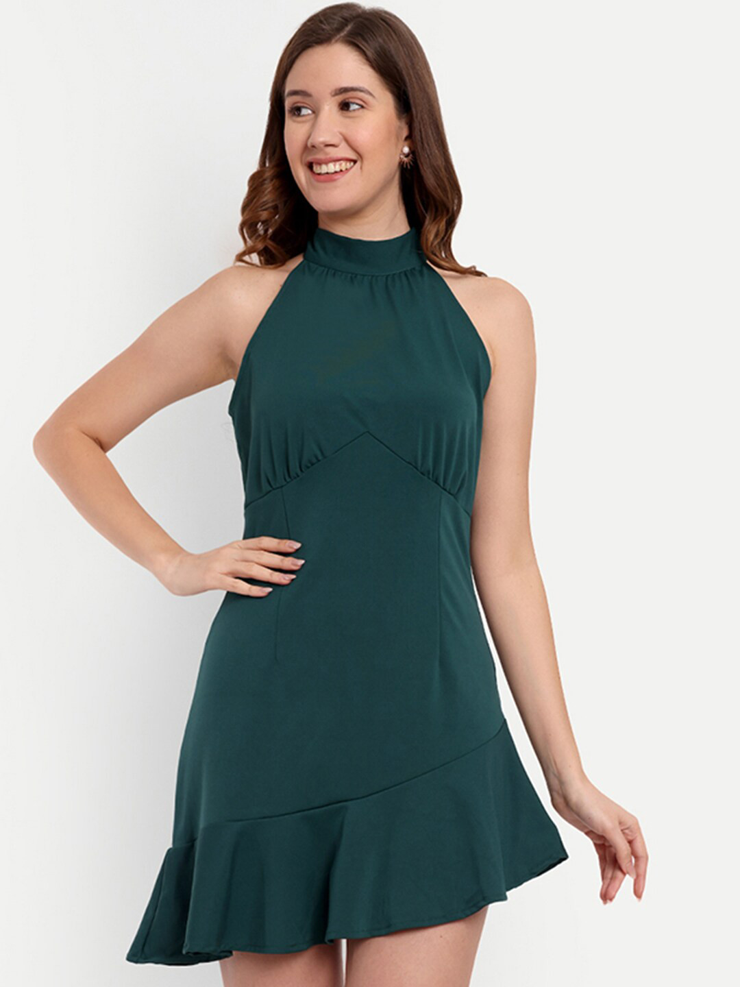 iki chic Green Choker Neck Scuba A-Line Dress