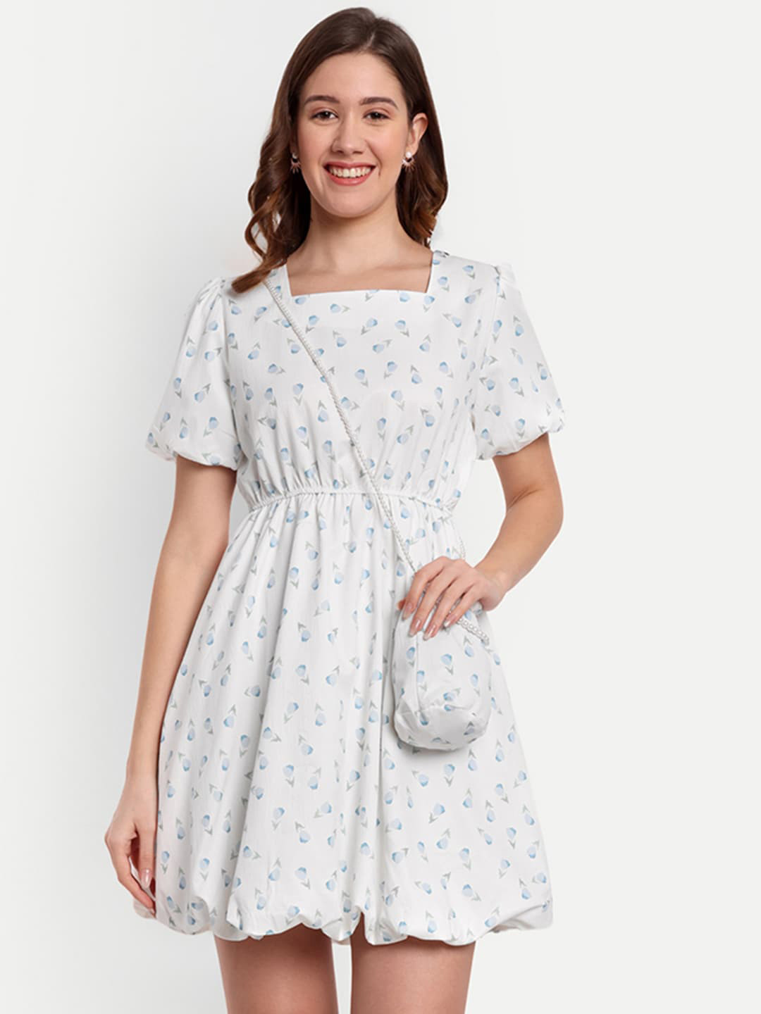 iki chic White Floral Printed Puff Sleeves Fit & Flare Mini Dress With Sling Bag