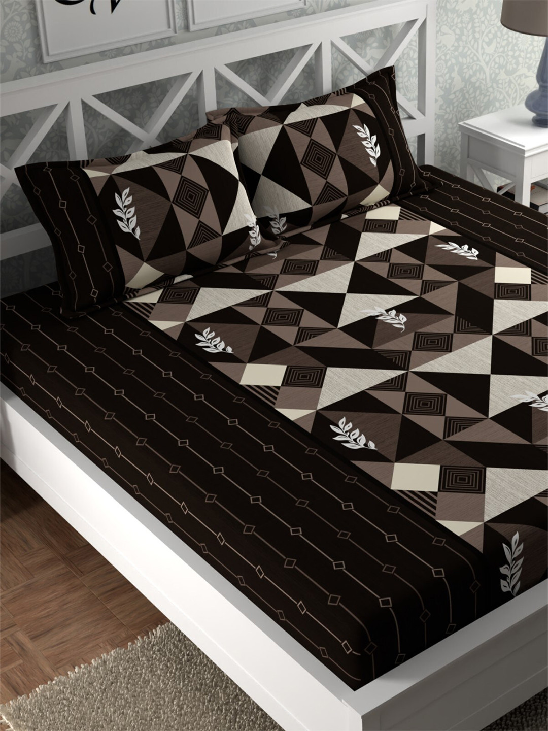 CG HOMES Brown Geometric Polycotton 180 TC Queen Fine Bedsheet with 2 Pillow Covers- 70 x 78 inches