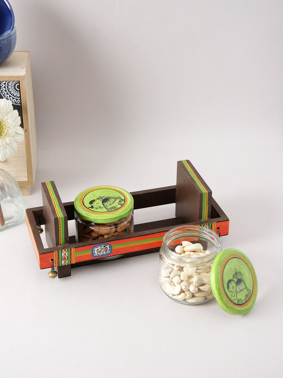 Aapno Rajasthan Green Typography Wood 3 Piece Clip-On Jar