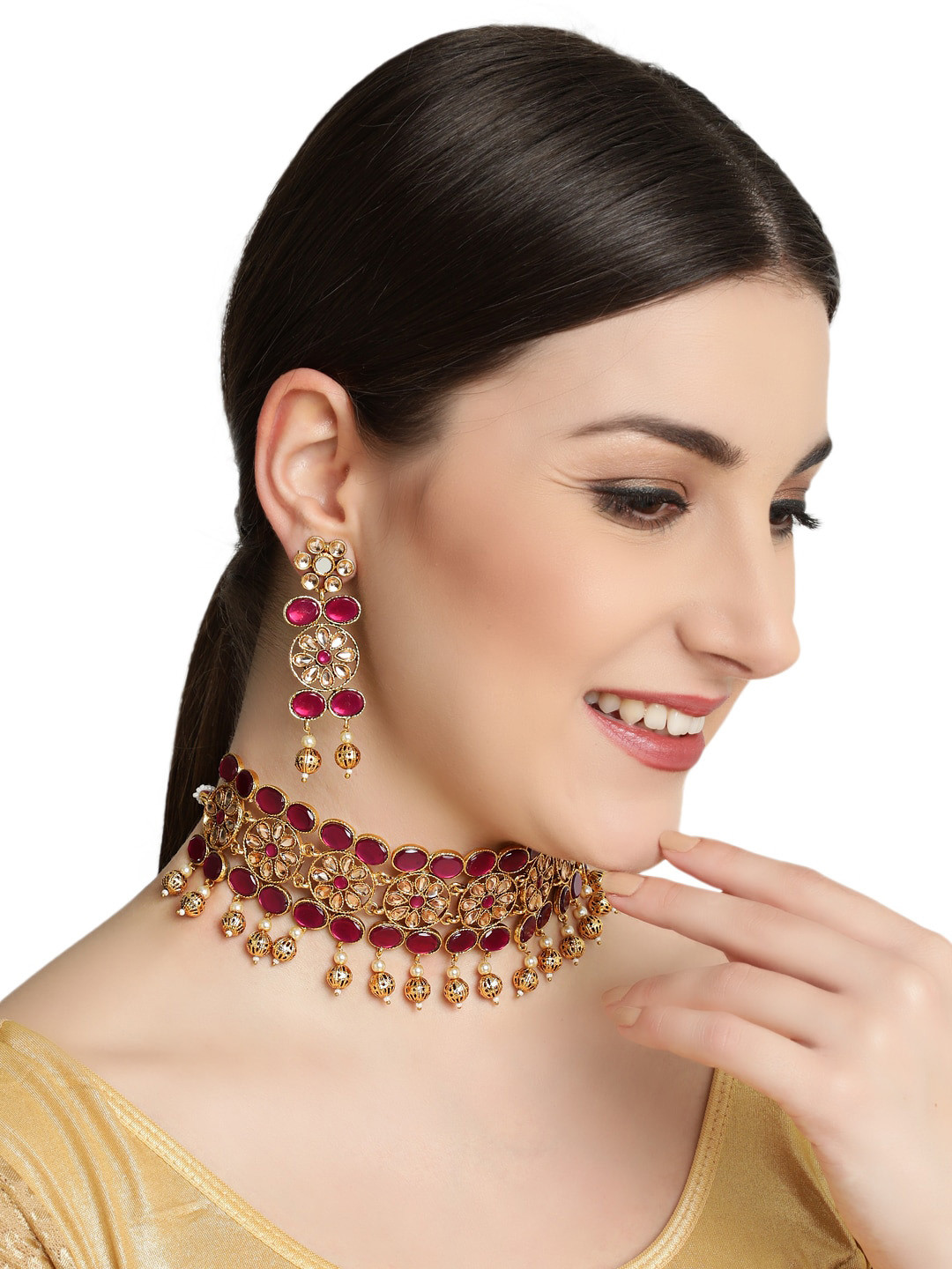 Anouk Gold Plated Mirror- Studded & Beaded Reversible Jewellery Set