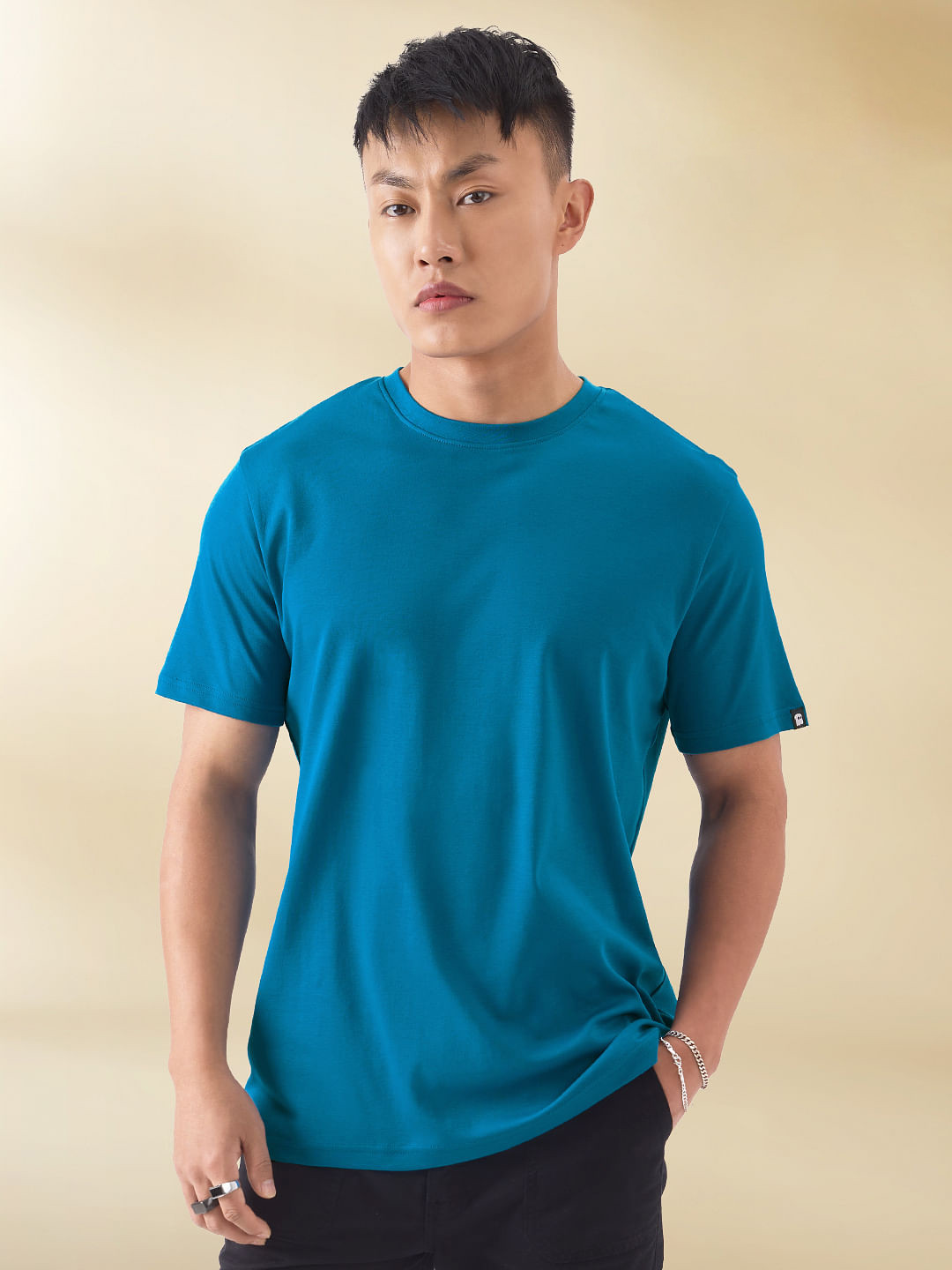 The Souled Store Teal Blue Round Neck Pure Cotton T-shirt