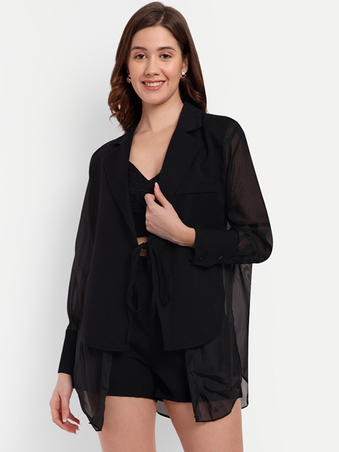 iki chic Black Tie-Up Notched Lapel Collar Blazer With High Waist Shorts